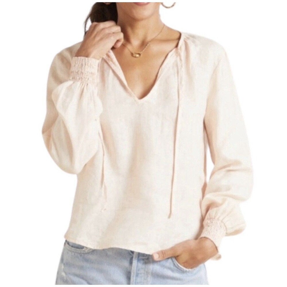 Cloth & Stone Anthropologie Linen Peasant Blouse XS Peach Pink Smocked Tie Neck